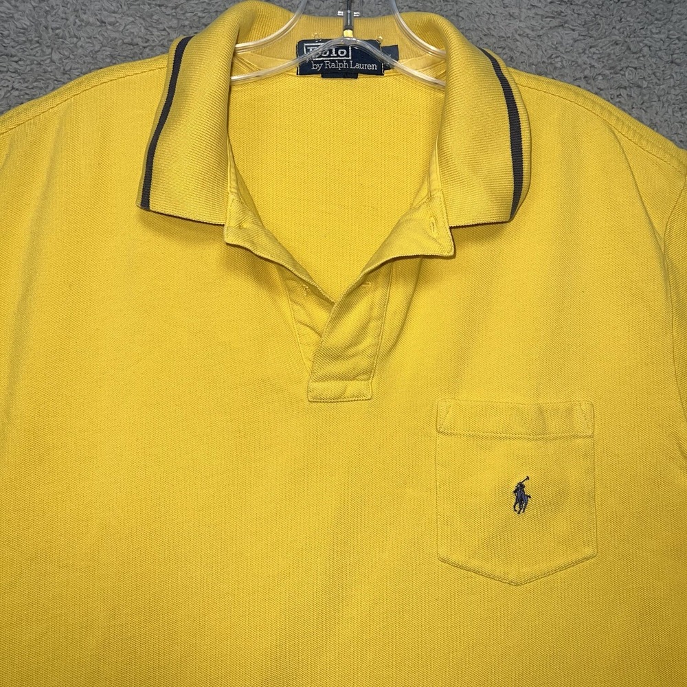 VTG Polo Ralph Lauren Shirt Men's Sz L Yellow Pocket Logo Accent Collar Sleeve